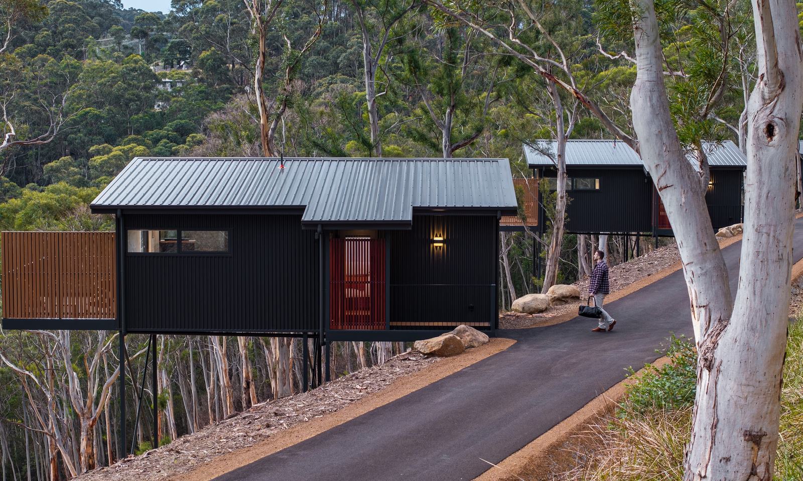 Person walking into ironbark cabin in the forest