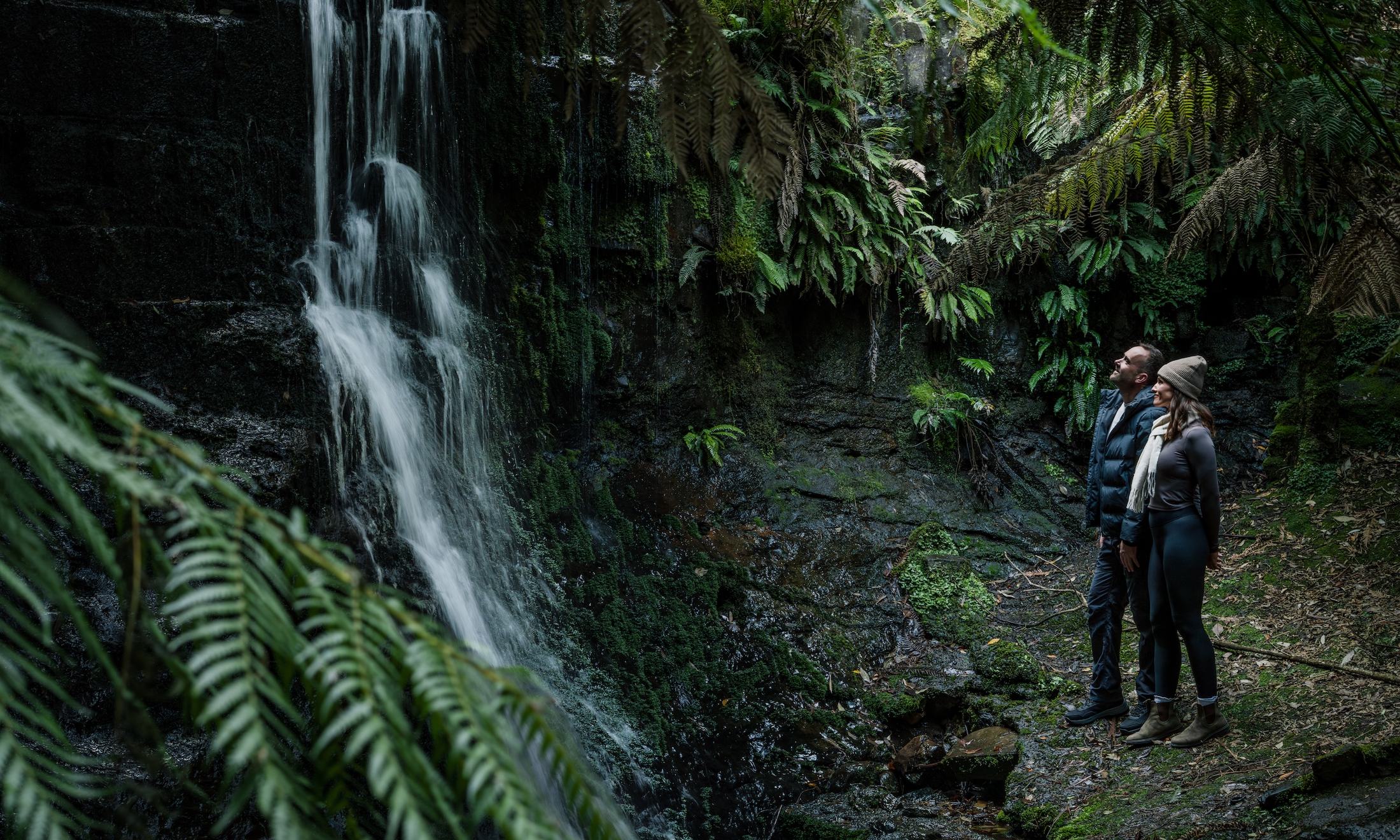 People standing by waterfall and ferns in tasmania