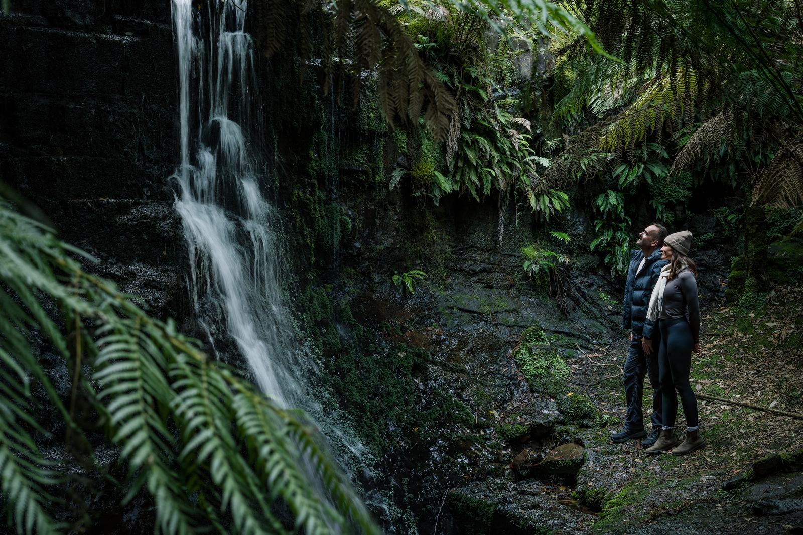 People standing by waterfall and ferns in tasmania