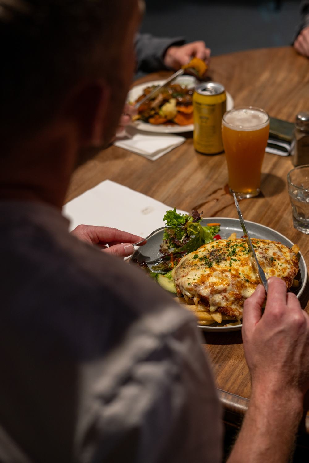 Pub dinner on table with drinks
