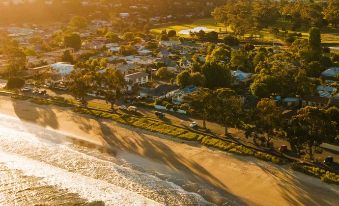 Drone photo of Kingston beach at sunset